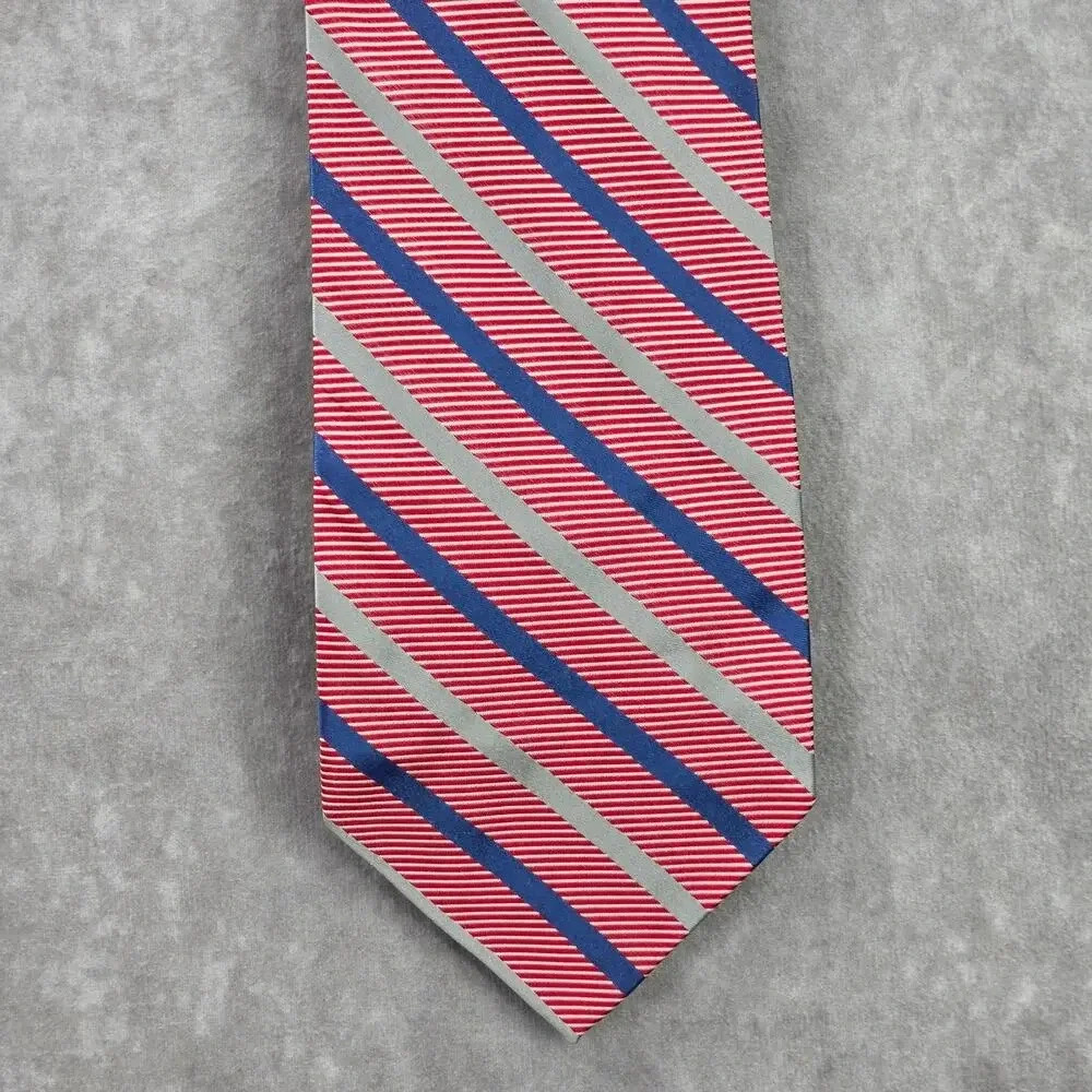 Stafford Red Blue Silver Stripe Repp Geometric 100% Silk Men's Neck‎ Tie NWOT